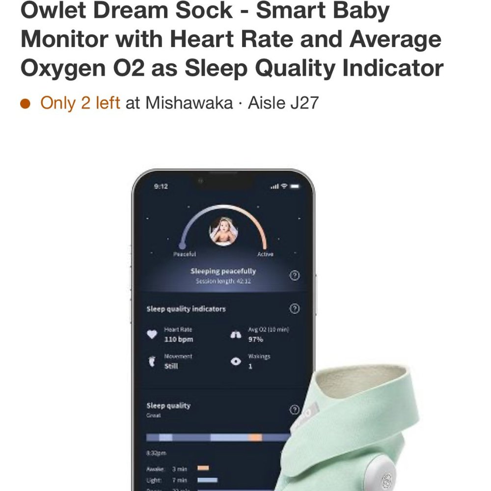 Owlet - Dream Sock Baby Monitor - Mint  RETAIL $299